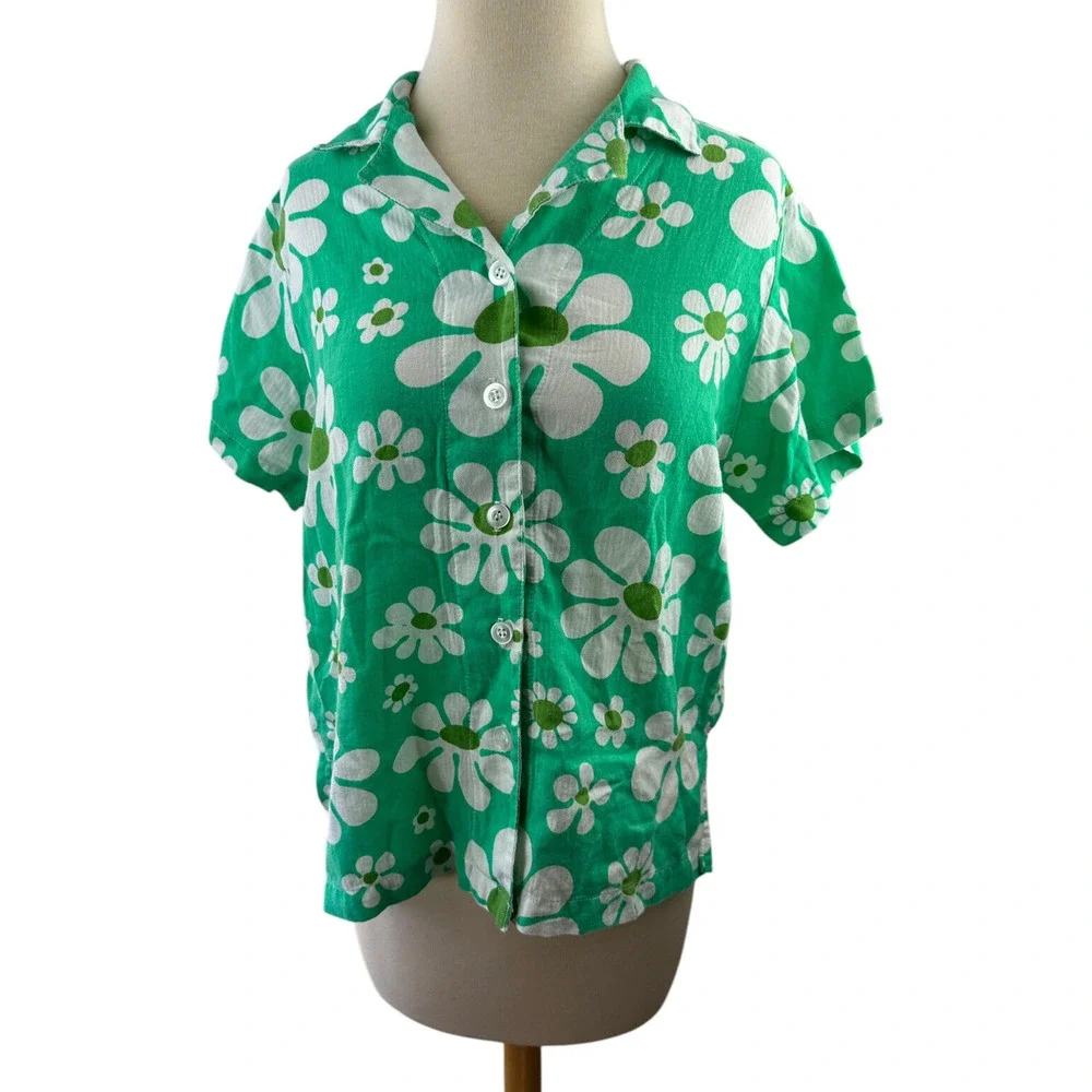 Big Bud Lazy Daisy Button Up Shirt Green Floral Print Top Cotton US Made Size XS - Picture 4 of 12